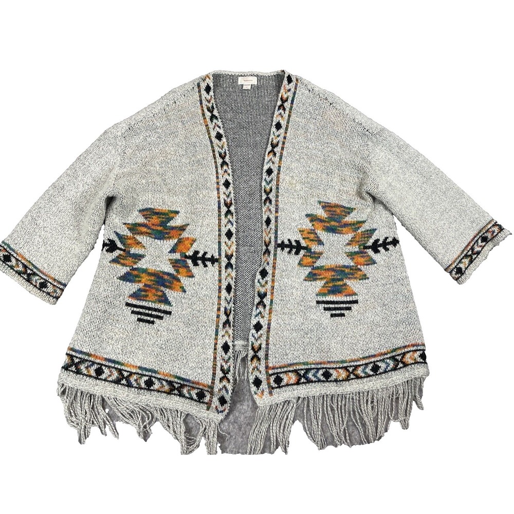 Kamana Open Front Cardigan‎ Sweater Medium Fringe Aztec Southwestern